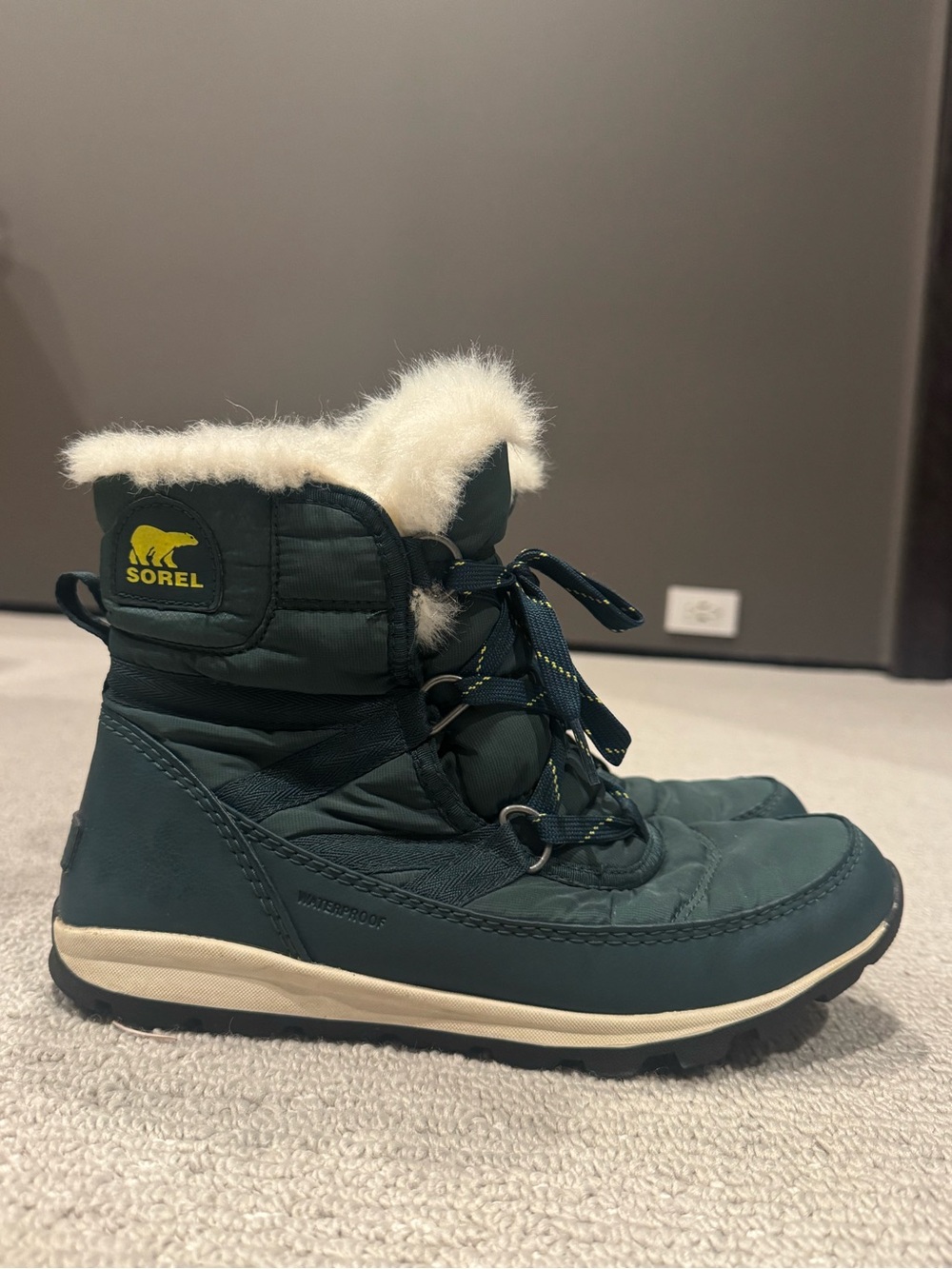 Sorel Womens Whitney Waterproof Winter Boots in Teal with Cream Faux Fur